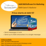SMS Caster Software interface shown on a computer for bulk SMS messaging via GSM modem