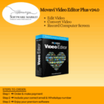 Movavi Video Editor Plus interface on Windows showcasing video timeline, transitions, and editing tools