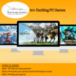 Box art collage featuring 30+ popular PC games including RPG, strategy, and action titles