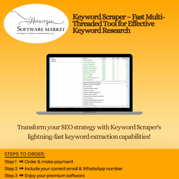 Keyword Scraper interface showing multi-source keyword suggestions for SEO and PC Game content