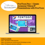 PowToon Pro software interface showing tools for creating animated videos and presentations