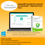 Aiseesoft FoneLab Android interface showing data recovery options for photos, contacts, and messages