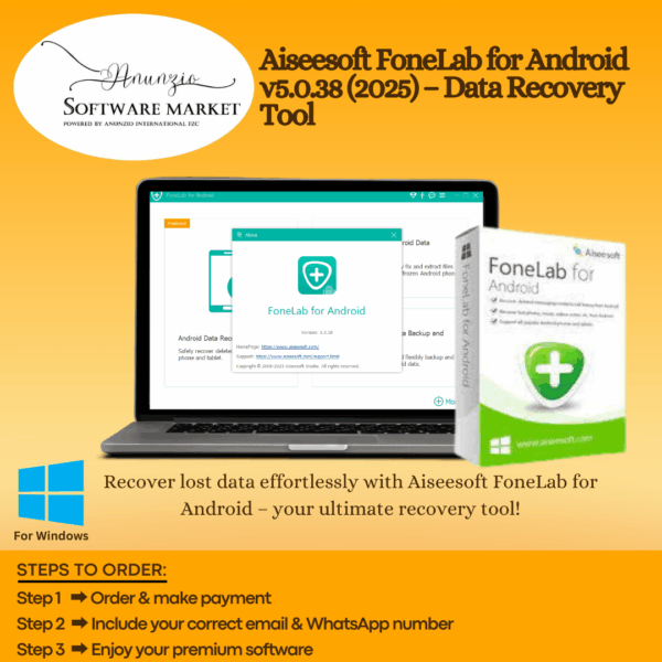 Aiseesoft FoneLab Android interface showing data recovery options for photos, contacts, and messages