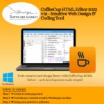 CoffeeCup HTML Editor interface displaying live preview and color-coded HTML code