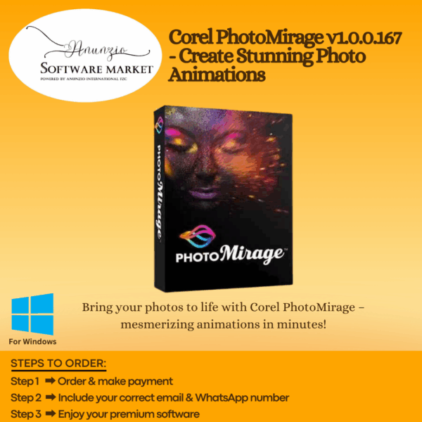 Corel PhotoMirage interface animating still photo with movement arrows