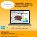 DesignBuilder software interface showcasing 3D building modeling and energy simulation dashboard