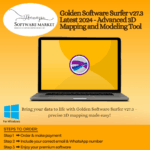 Golden Software Surfer interface showing 3D terrain mapping and contour visualization