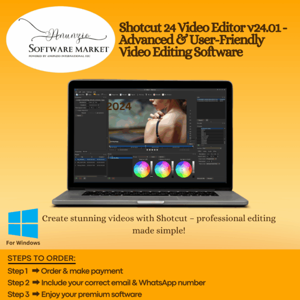 Shotcut 24 Video Editor interface with timeline, media bin, and 4K video editing tools