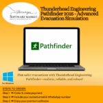 Thunderhead Engineering Pathfinder interface showing crowd evacuation simulation in a 3D environment