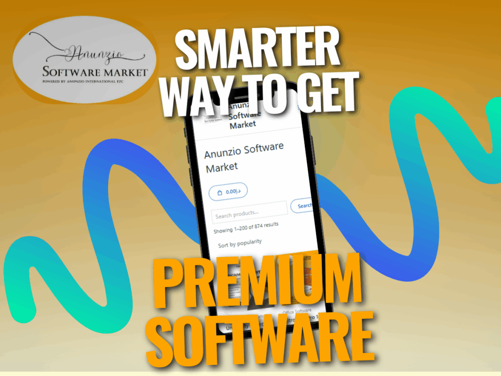Smartphone showing Anunzio Software Market site with text promoting affordable premium software