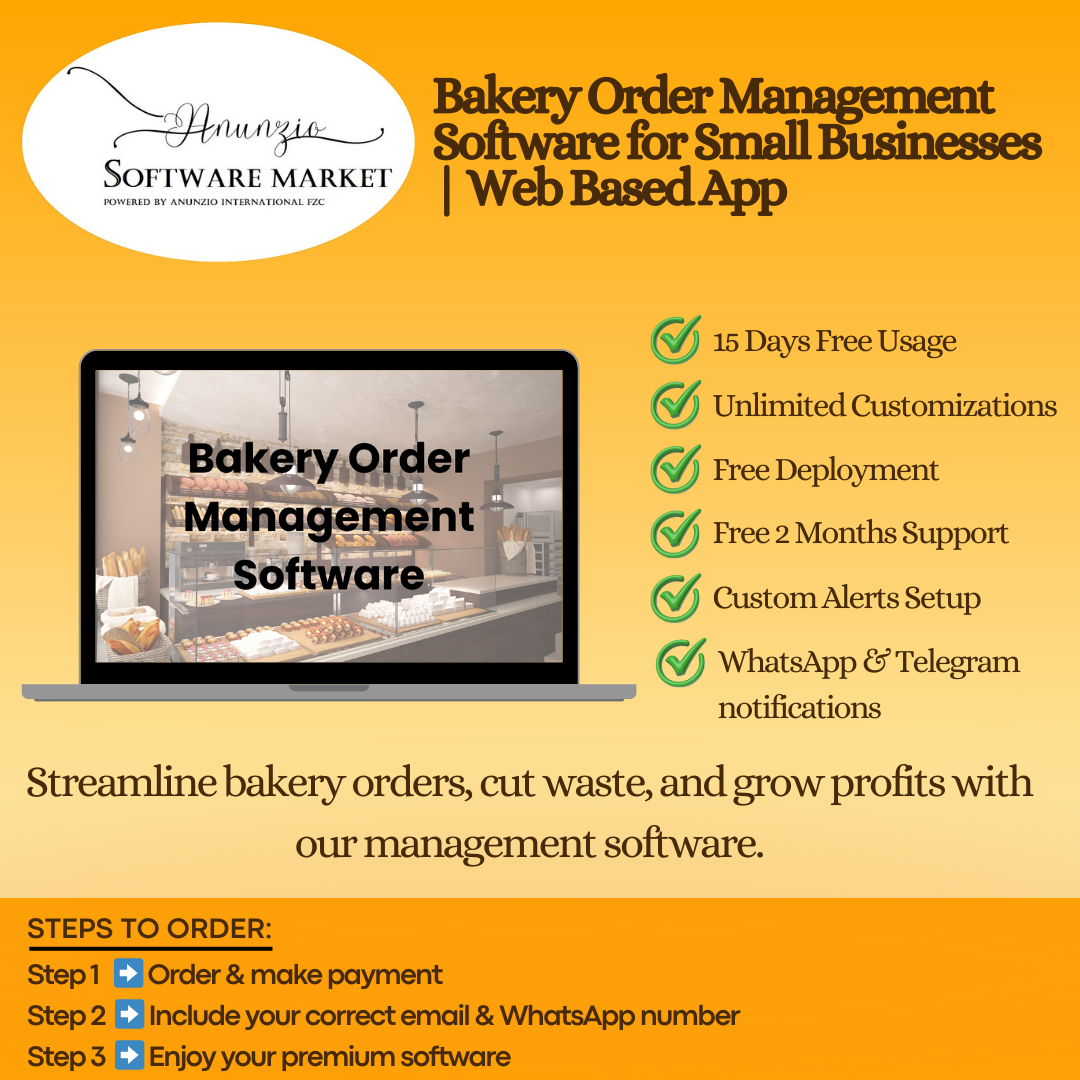 Bakery order management software dashboard showing orders and inventory features